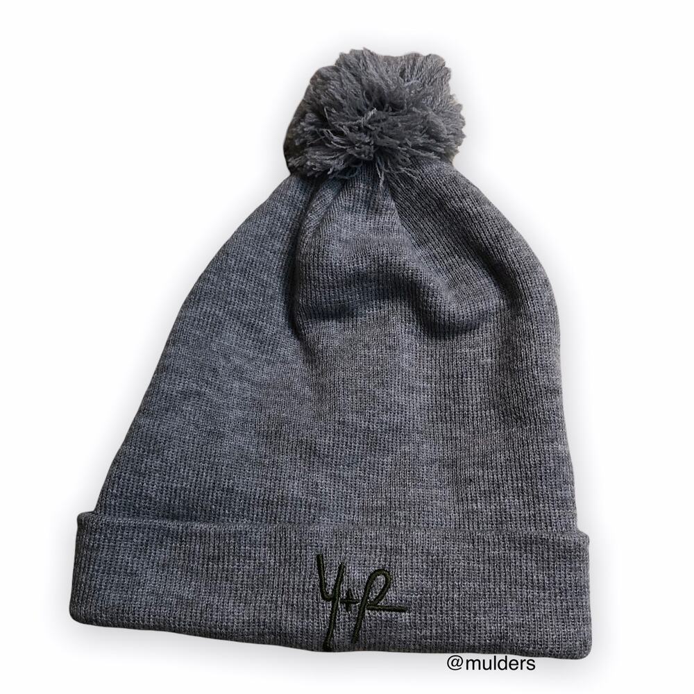 Young & Reckless Y&R Embroidered Gray Knit Beanie Hat with Pompom Accent